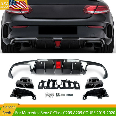 For 2015-18 Benz C205 Coupe C43 C63 Rear Diffuser W/LED+Exhaust Tips Carbon Look