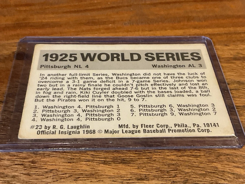 1971 Fleer World Series Baseball #23 1925 Pirates vs. Senators EX - Image 3 of 3