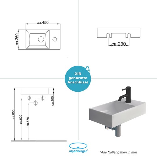 Alpenberger Hänge Waschbecken Keramik Handwaschbecken Klein Gäste WC Badezimmer - Bild 6 von 12
