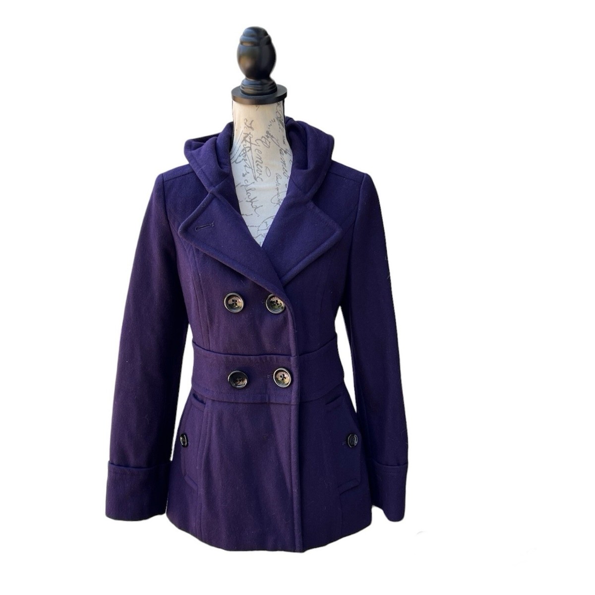 【VINTAGE】 double breasted setup purple VINTAGE Esprit Purple Wool Blend Double Breasted Hooded Peacoat