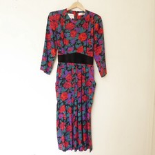 1980s Karin Stevens dark floral red rose long sleeve midi dress size 12