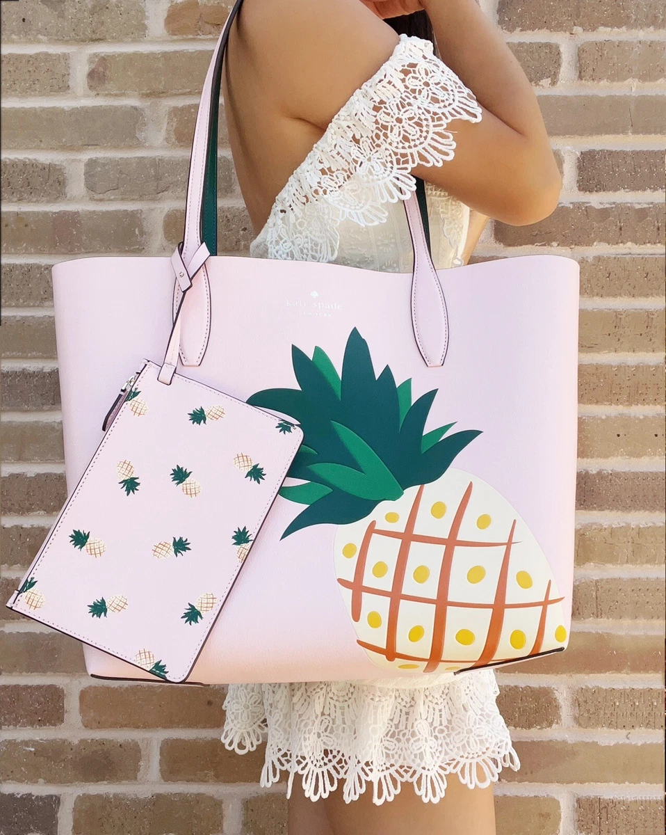 Kate Spade Colada Large Pineapple Printed Reversible Tote Pink Green + Pouch