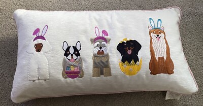 EASTER 100% Feather Pillow Easter Dogs Embroidered Zippered Pink Edging New Cute