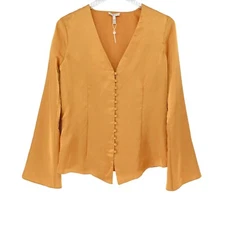 Joie Madora Top Womens Size S Mustard Yellow Satin Button Front Bell Sleeve NWT