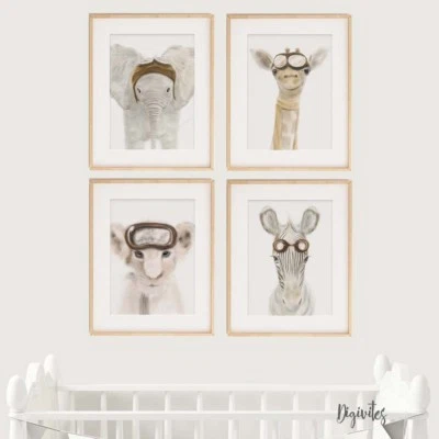 DIGIVITES Baby, Boy Nursery Bedroom Wall Art decor set of 4 Safari Animal, Aviator