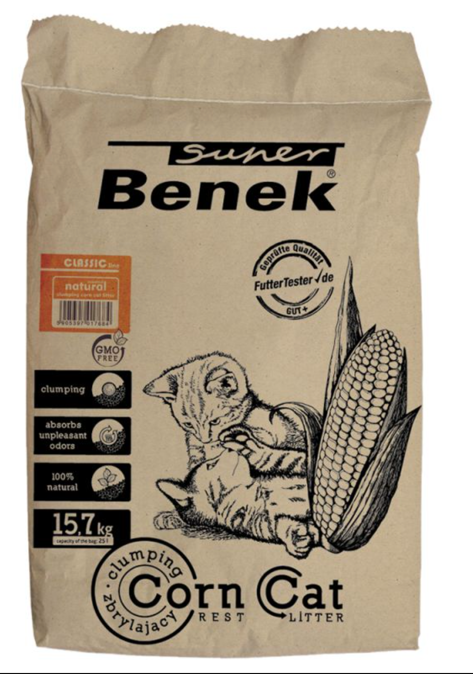 Super Benek Corn Cat Natural Clumping Litter Very Absorbent 22.5kg / 35