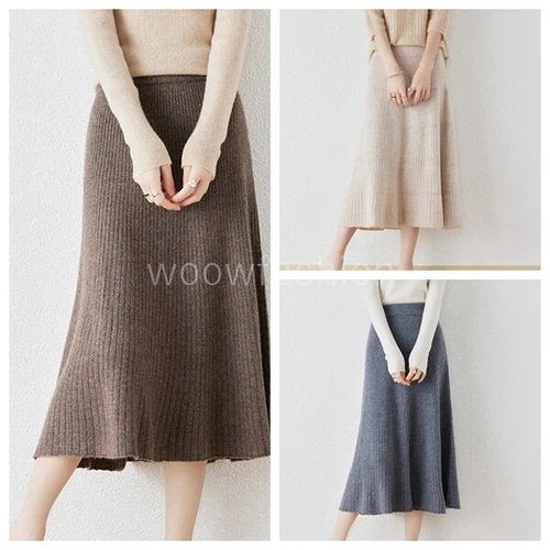 Women 100% Cashmere Wool Skirt Elastic Stretchy Flowly A-Line Midi Long Skirt - Bild 2 von 21