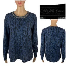 Saks Fifth Avenue Womens Medium Sweater 100% Cashmere Animal Print Blue Soft