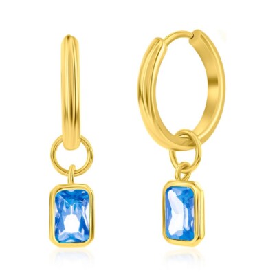 Silver, 'December' Rectangle CZ Charm Hoop, Gold Plated Earrings - Blue Topaz