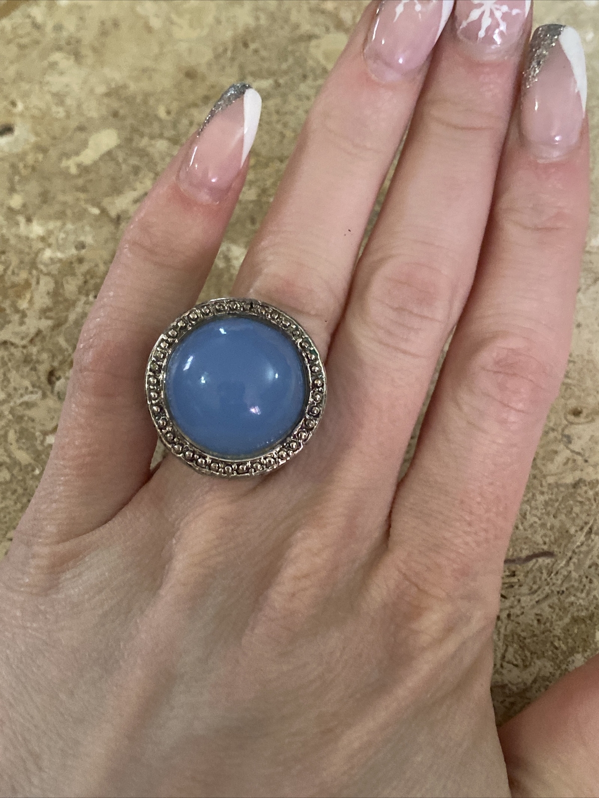 Silver Tone Blue Translucent Moonstone Chunky Rin… - image 6