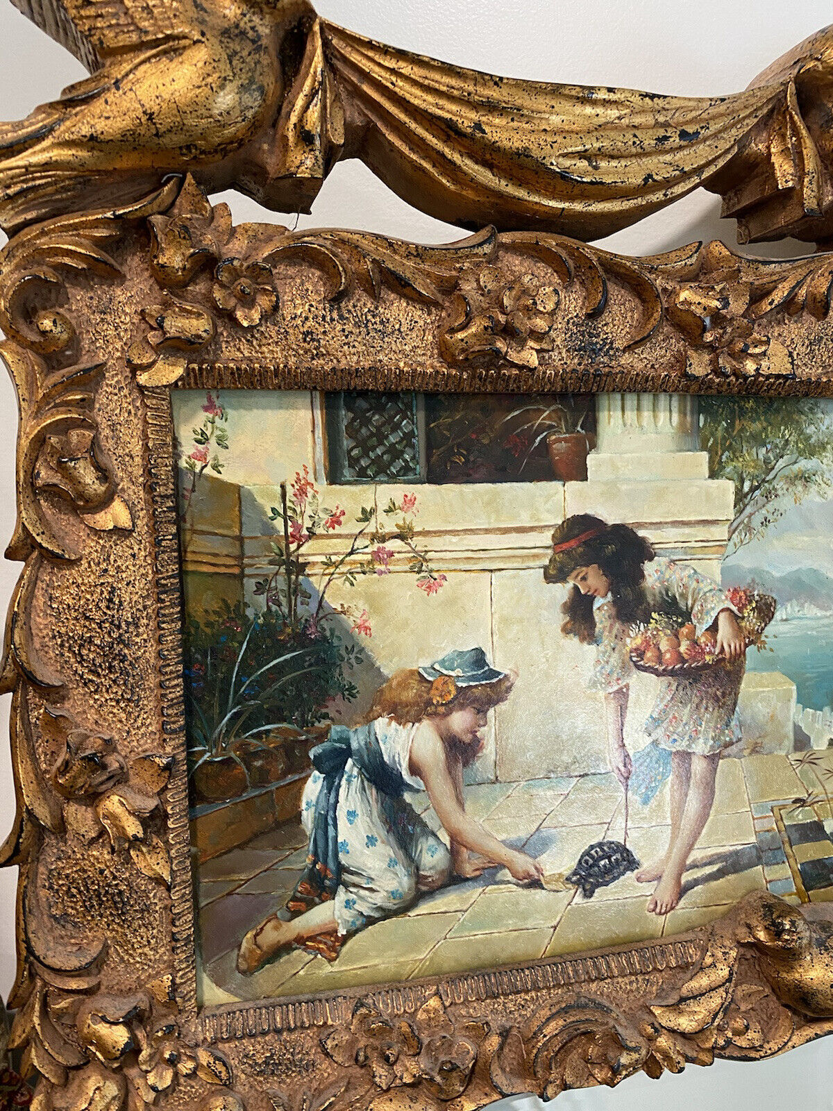 VTG French Large Gilt Beveled Trumeau Mirror Oil Painting Children Turtle Birds