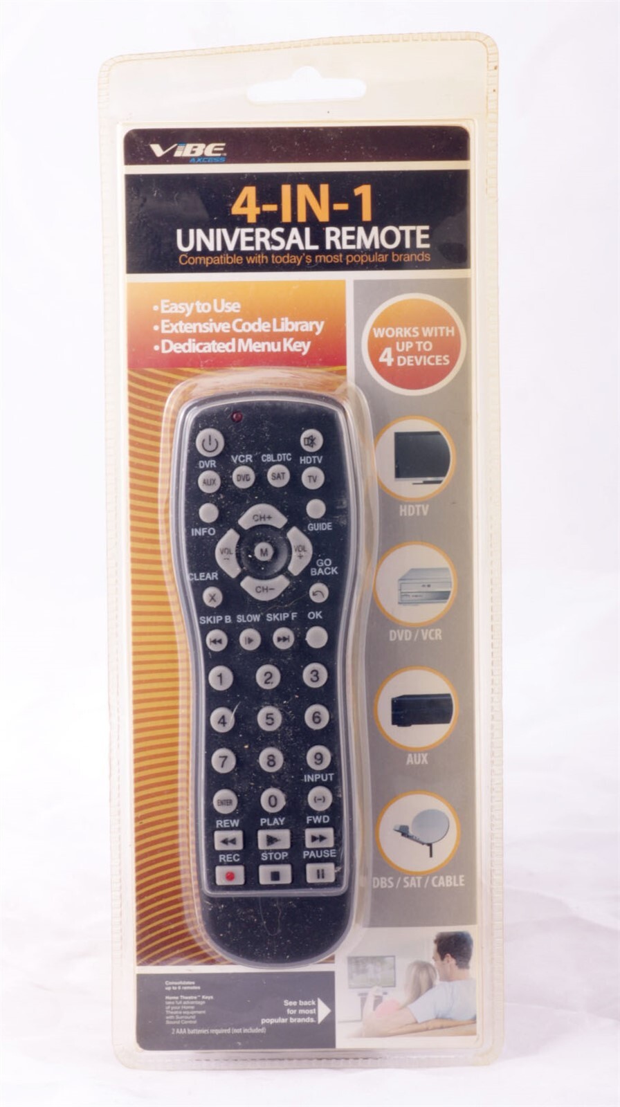 4-in-1 Universal Remote for HDTV DVD VCR AUX Cable Satellite Controls up to 4 Devices Easily