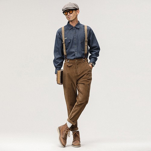 Men Corduroy Overalls Jumpsuit British American Retro Casual Long Workwear Pants