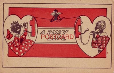 A BUSY LINE cupid on the phone line while lovers talk