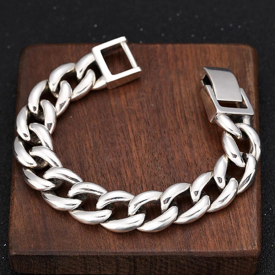 Real S925 Sterling Silver Chain 16mm Heavy Curb Cuban Link Bracelet 7.1-7.9inch - Image 4 of 4