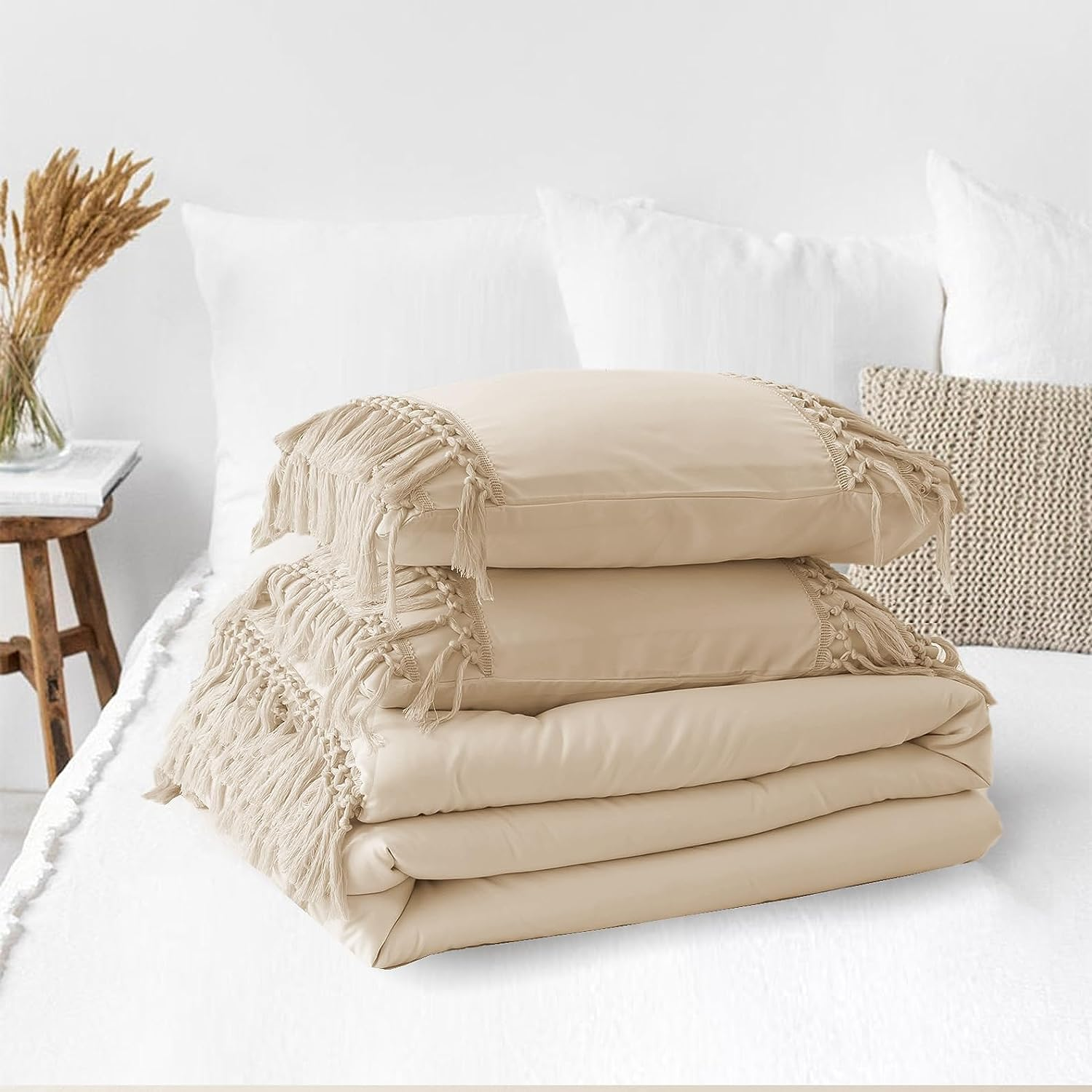 Beige Comforter Set King Size, UltraSoft Boho Farmhouse Bedding Set