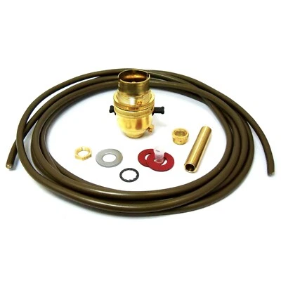 LYVIA/ LILLEY BC Brass switched lamp holder rewire kit flex 10mm threaded rod washers hex nuts