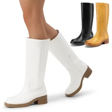 Women Low Chunky Heel Square Toe Side Zipper Knee High Riding Boots