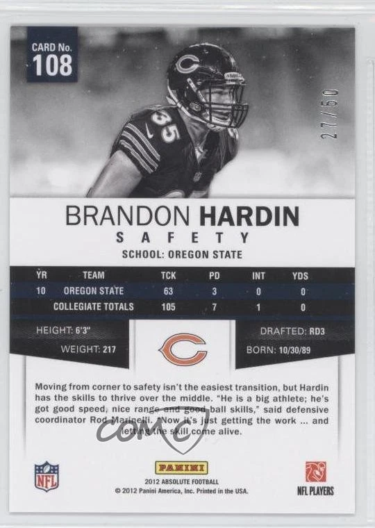2012 Panini Absolute Rookie Spectrum Silver /50 Brandon Hardin #108 Rookie RC - Image 2 of 2