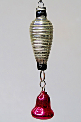 VTG Glass Ribbed LANTERN w BELL Mini Feather Tree Christmas Ornament Japan Silvr