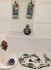 Vintage Taxco Mexico Mosaic Style; 925 Silver Multistone 6pc Jewelry Lot, 59.4g