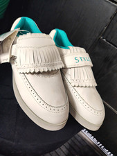 Stylo Lightweight Womens Golf Shoes White/Teal Leather Fringe Metal Spikes