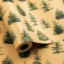 Kraft Wrapping Paper Roll with Cut Lines on Reverse, Watercolor Green Christmas