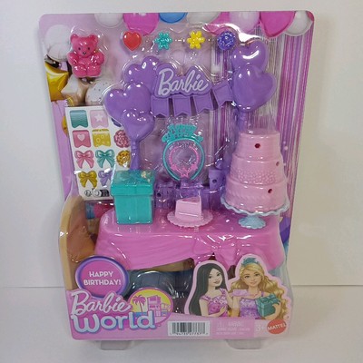 New Barbie World Happy Birthday Playset W/ Cake Table Crown Necklace Gift + 