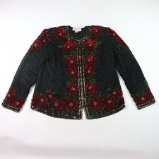 Vintage 90's Laurence Kazar Size XL Silk Black Floral Beaded  Sequin Jacket
