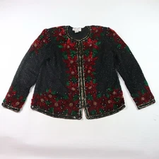 Vintage 90's Laurence Kazar Size XL Silk Black Floral Beaded & Sequin Jacket