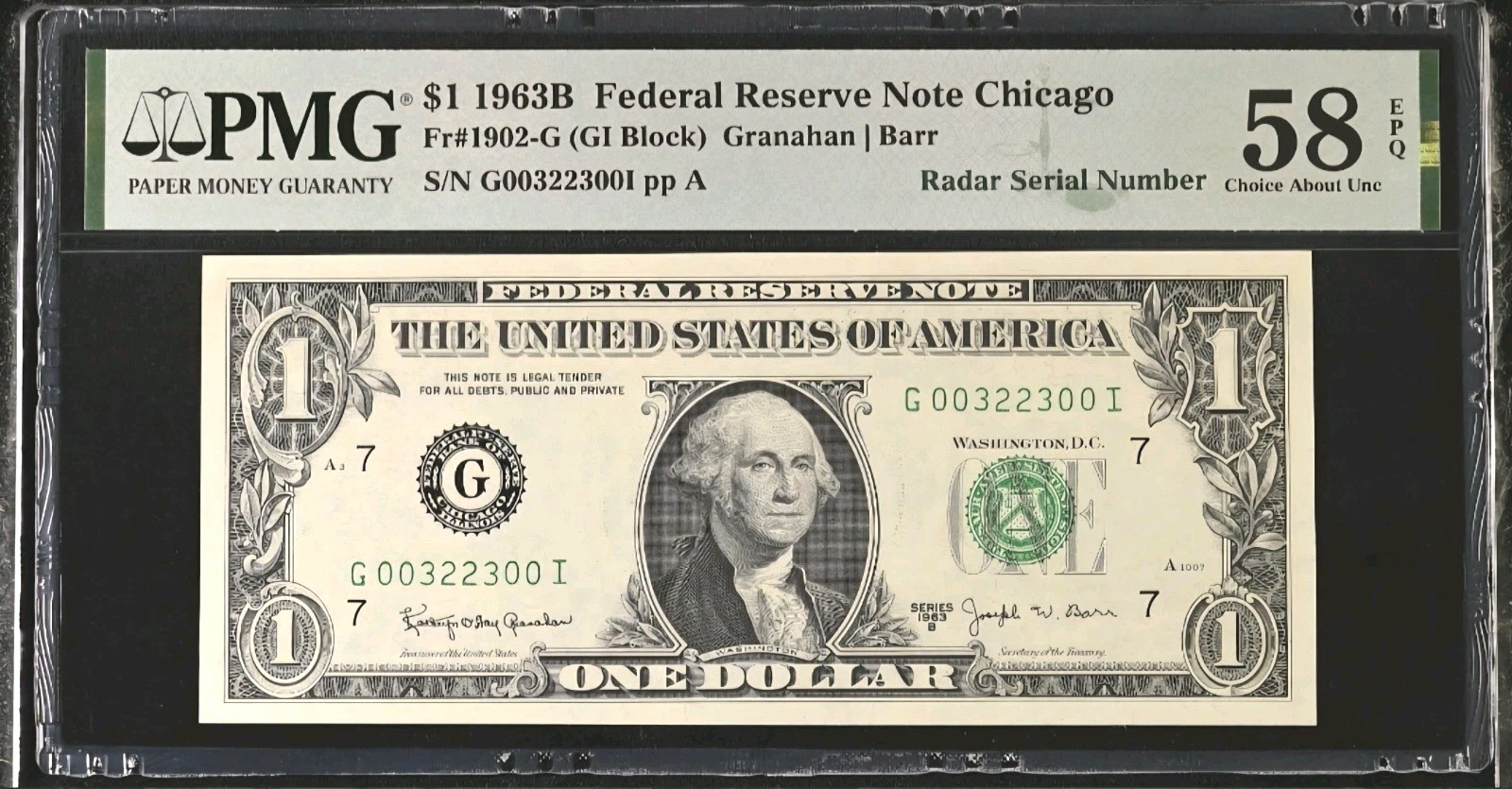 BARR RADAR # 00322300 series 1963B $1 PMG 58 EPQ = Rare Joseph Barr Fancy Serial