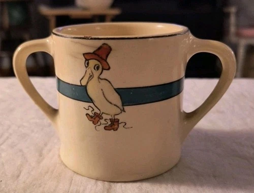 Vintage Roseville Pottery Juvenile Ware Duck Two Handled Mug Bottom Marked RV