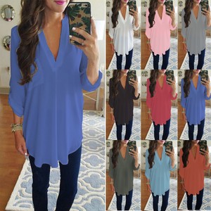 Women-Chiffon-Long-Sleeve-V-Neck-Shirt-Blouse-Ladies-Tunic-Top-T-shirt-Plus-Size