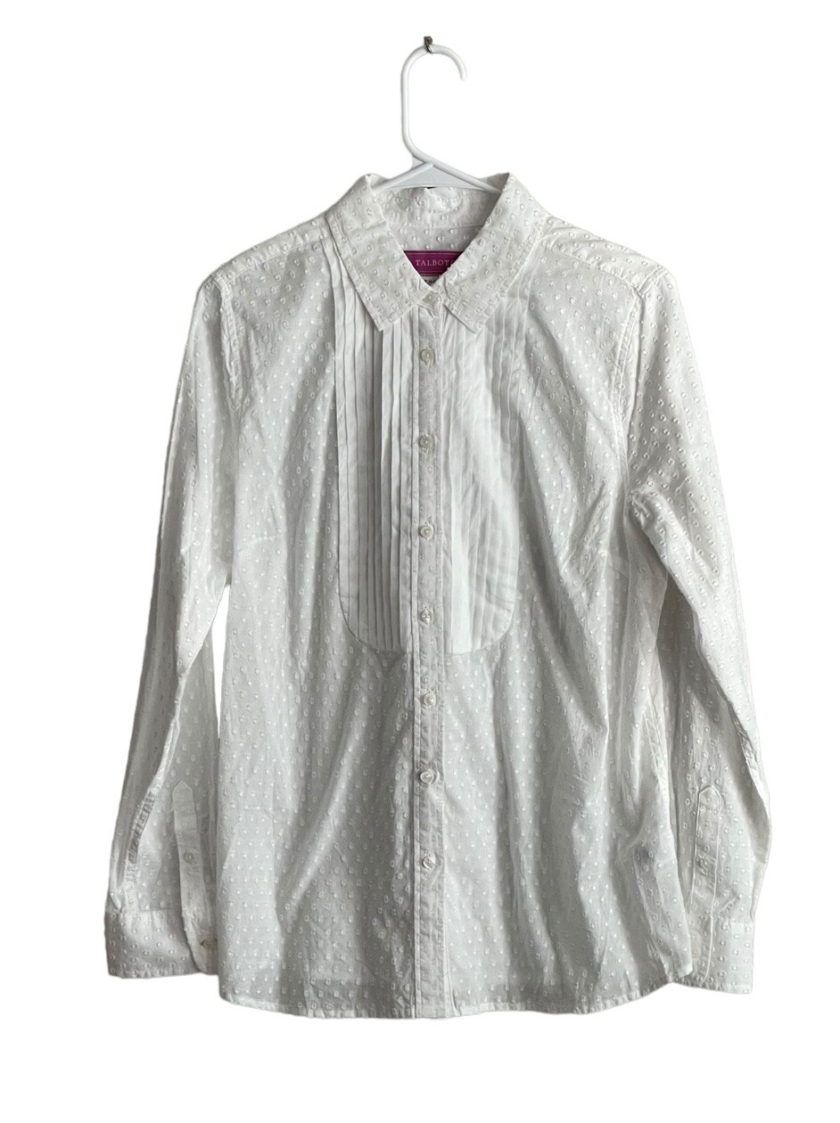 Talbots The Oprah Magazine Collection White Textured Pin Tuck Button Front sz 12