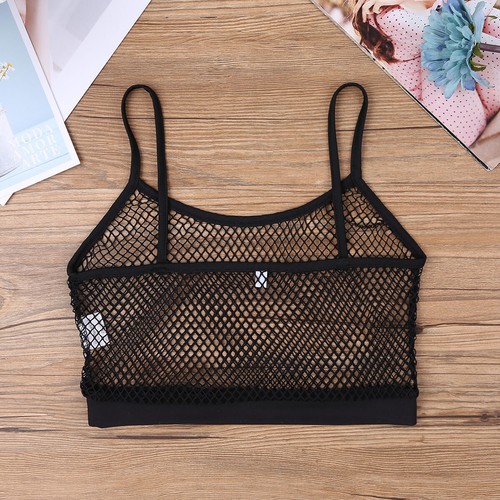 Women's Sheer Mesh Hollow Out Fishnet See Through Cami Crop Top Vest Tank Tops - Picture 64 of 103