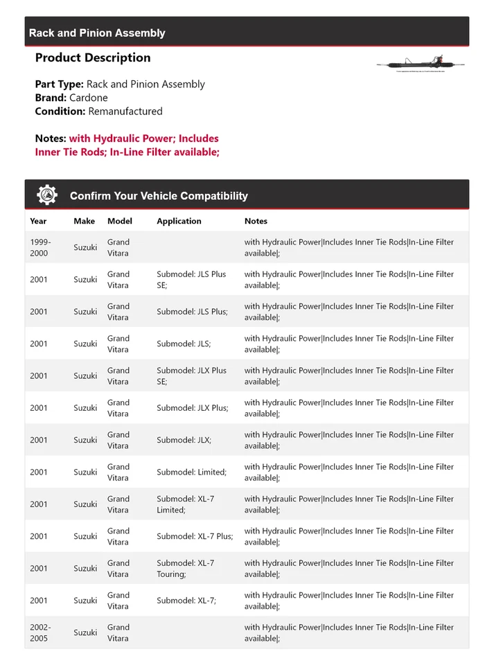 Conjunto de piñón y cremallera Cardone 2000 2001 para Suzuki Grand Vitara 1999-2005 Foto 2 de 4