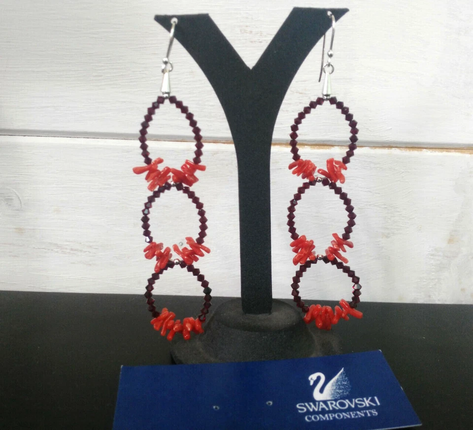 Pendientes Colgantes Swarovski Rojo Rubí Con Coral Natural Y Plata 925 - Imagen 2 de 3