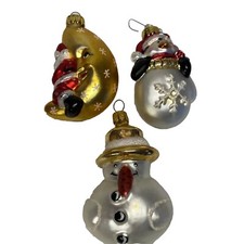 Christmas Hand Blown Glass Ornaments Santa Moon Snowman Penguin Set Of 3