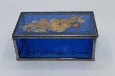 Vintage Blue Stained Glass Metal Pressed Flowers Mirrored Trinket Jewelry Box