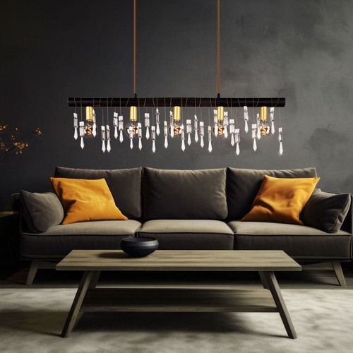 Lampada a Sospensione Wood Luce Tavolo da Pranzo E14 Vetro Cristalli 5 Fiamma