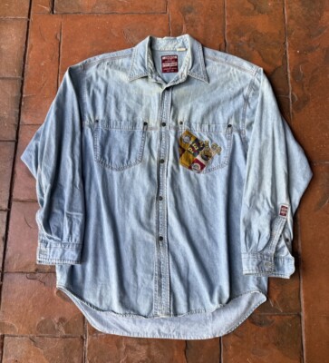 Vintage Y2K Pepe Jeans Brand Denim Button Shirt Large Embroidered Pocket  Hip-Hop