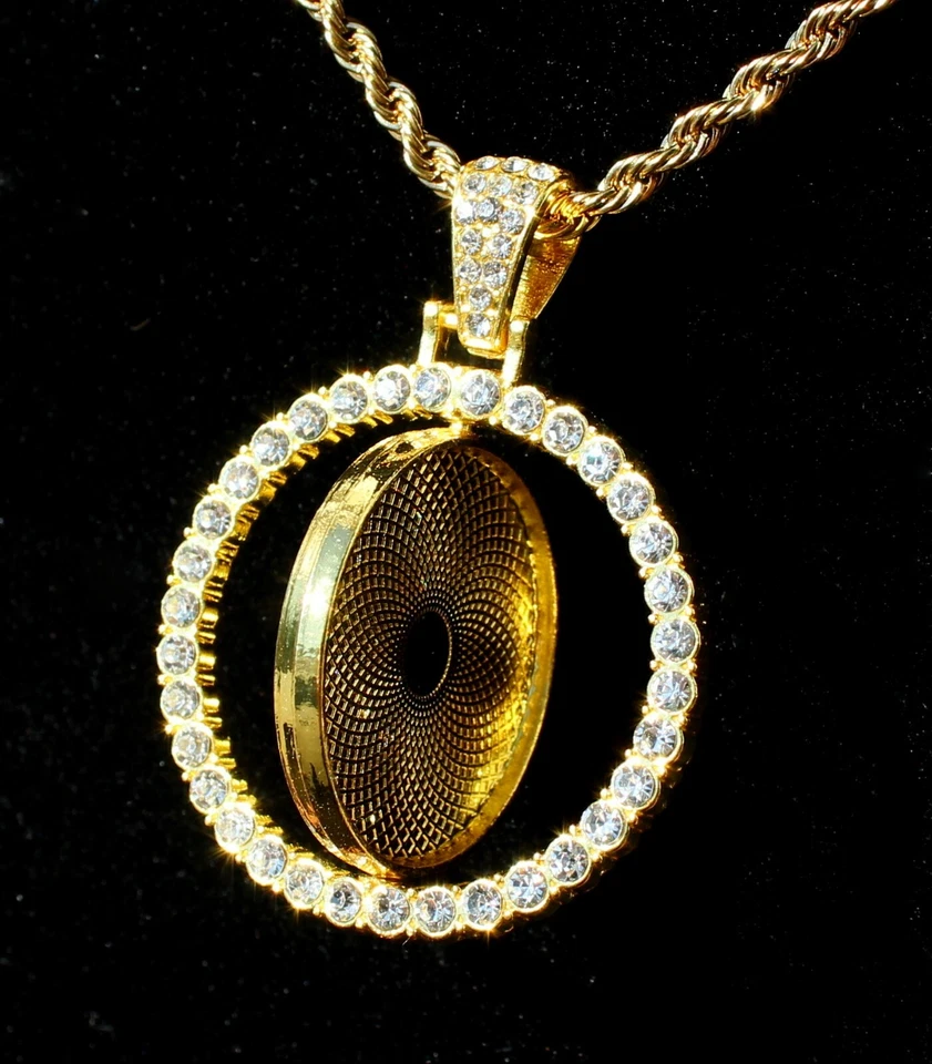 Picture Spinner CZ 2 Sided Pendant + Glass Gold Plated Stainless Steel Necklace - Image 2 of 4