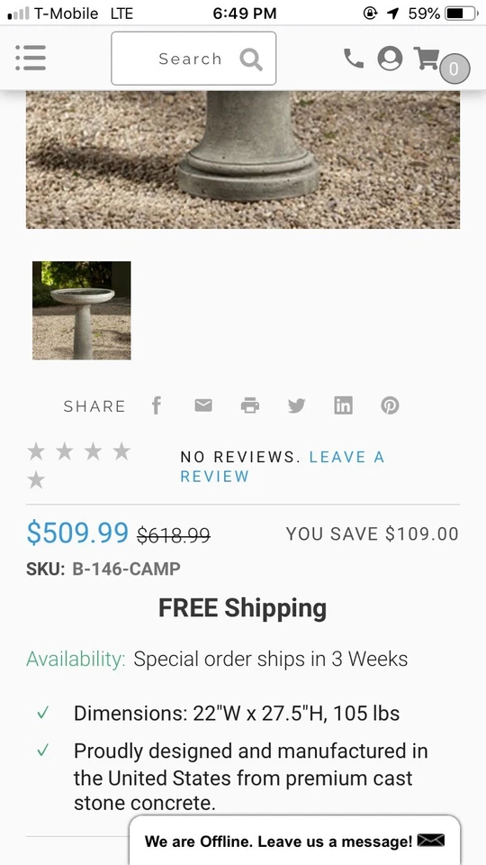 Campania International Isleboro BirdBath。 仅提货 — 第 2/3 张图片