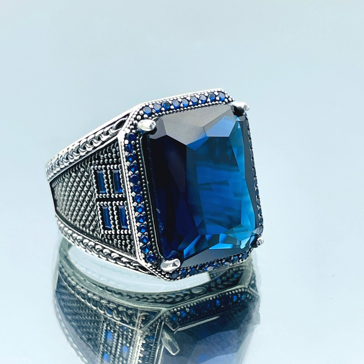 Men Simulated Blue Sapphire Stone Ring 925 Sterling Silver Turkish