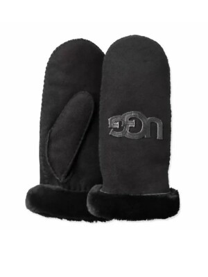 UGG Womens Sheepskin Heritage Logo Winter Mittens Black Size L XL Fully Lined