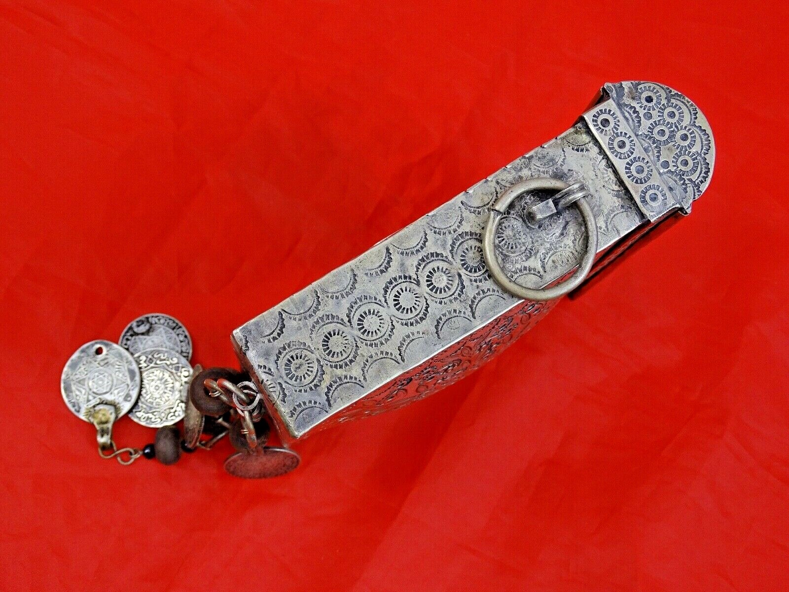 RARE ANTIQUE SILVER CARTRIDGE CASE BOX ISLAMIC MAGHREB MOROCCO coins