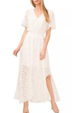 CeCe White Lace Eyelet Maxi Dress Small Flutter Sleeve V Neck Boho Side Slit