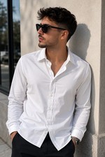 Men's White Cotton Slim Fit Dress Shirt S" Spread Collar Long Sleeve