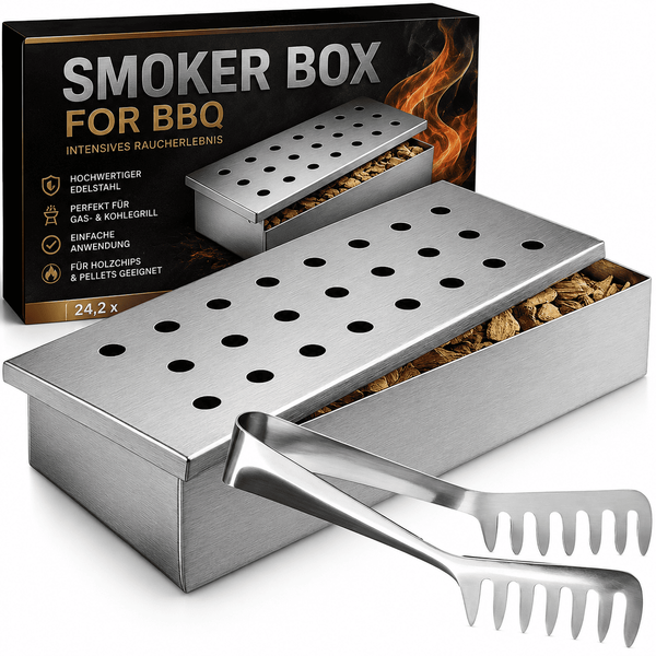 2 X Edelstahl RäUcherbox + 1 Zange Smokerbox RäUcherdose Holzkohle Grill Box Bbq-image