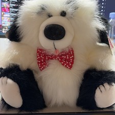 VINTAGE DAKIN Playrhings SHAGGY BLACK  WHITE 1987 Sheepdog Red BOW TIE PLUSH